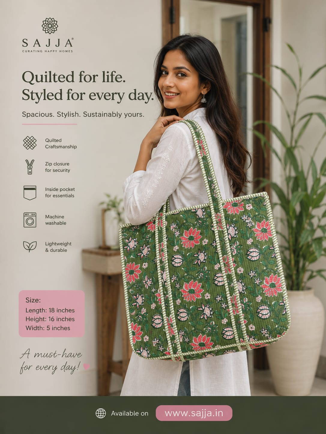 Green Floral Block print tote bag - Handblock quilted women's bags - Women's handbag
