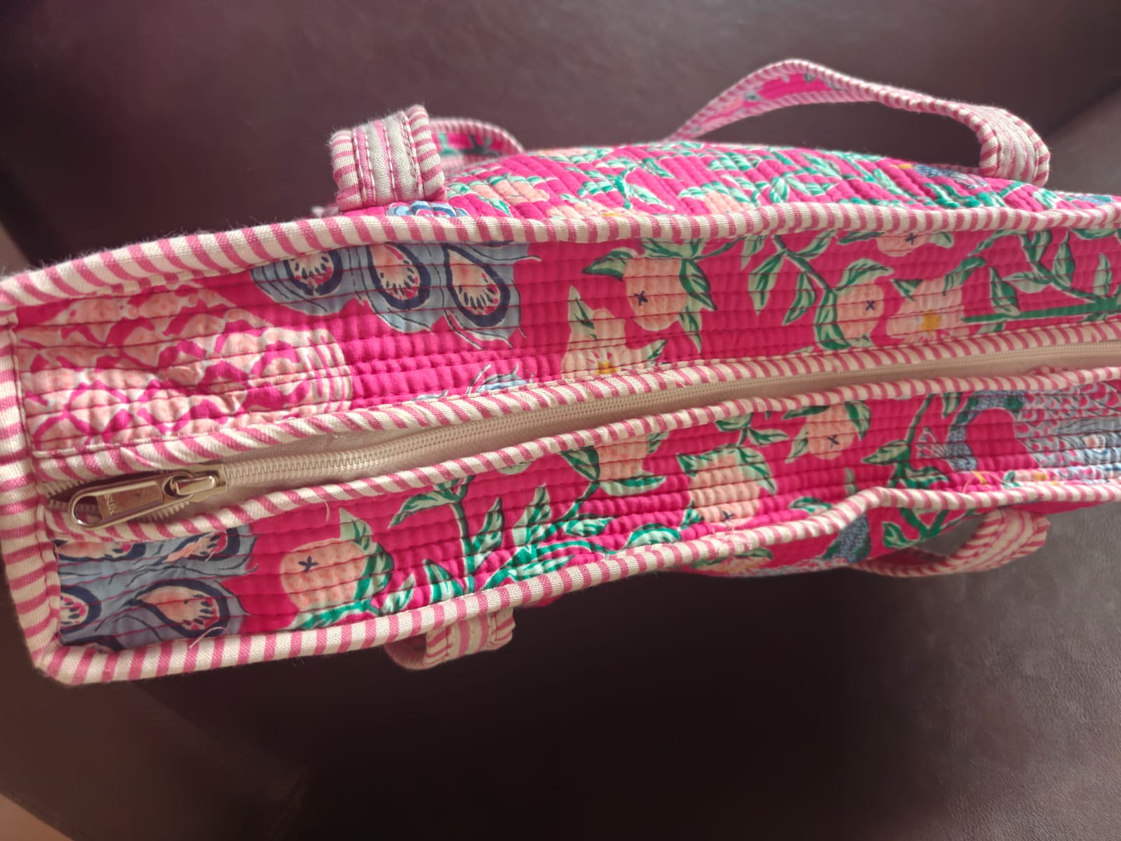 Peacock Block print tote bag - Boho quilted women's bags - Women's handbag - Pink Hand block Printed Quilted cotton Shoulder Bag