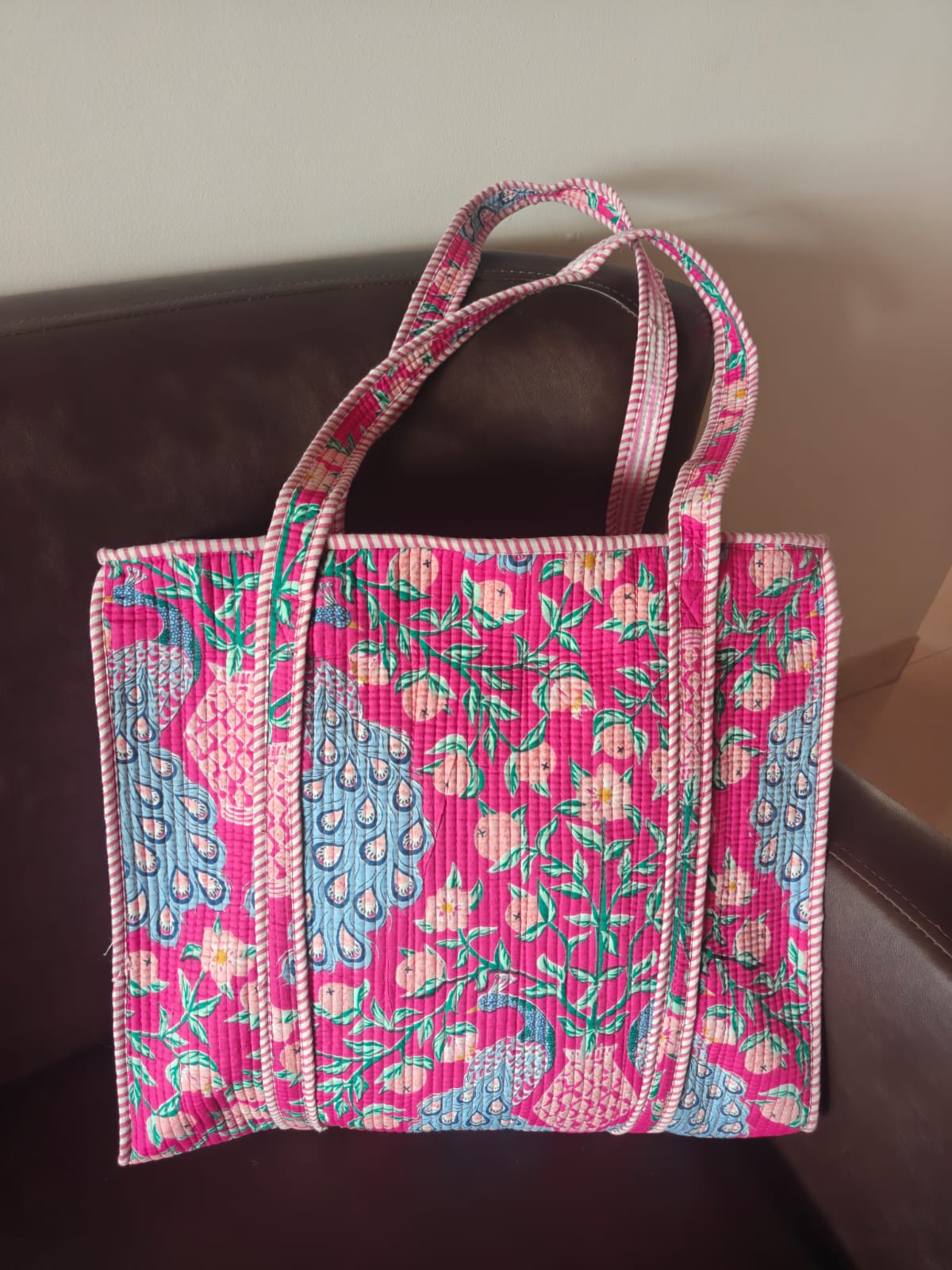Peacock Block print tote bag - Boho quilted women's bags - Women's handbag - Pink Hand block Printed Quilted cotton Shoulder Bag