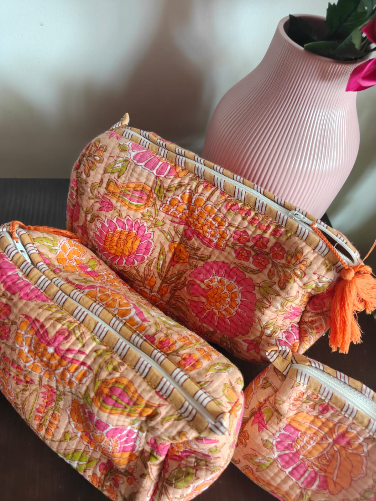 Pouches Travel Companion Hand Block Printed Cotton Quilted Floral Toiletry Bag 3 Piece Combo Set Waterproof Travel Kit