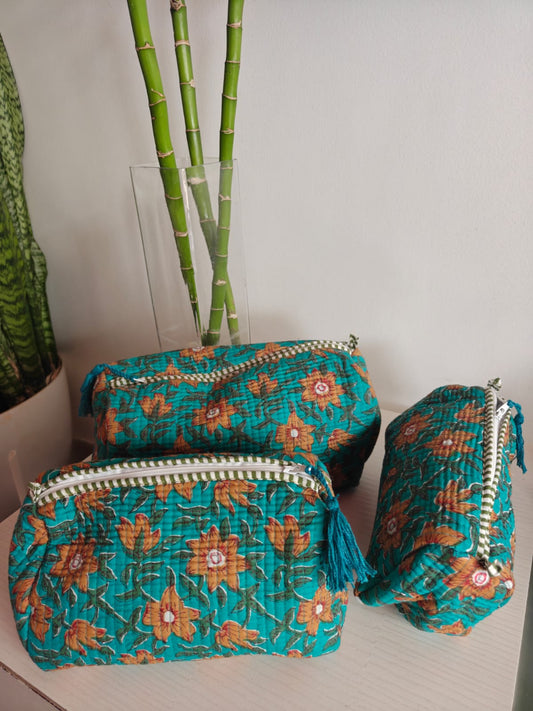 Hand Block Printed Flower Design Small Travel Kit Cotton Pouch | Travel Kit | Small Pouch | Travel Utility | Accessory