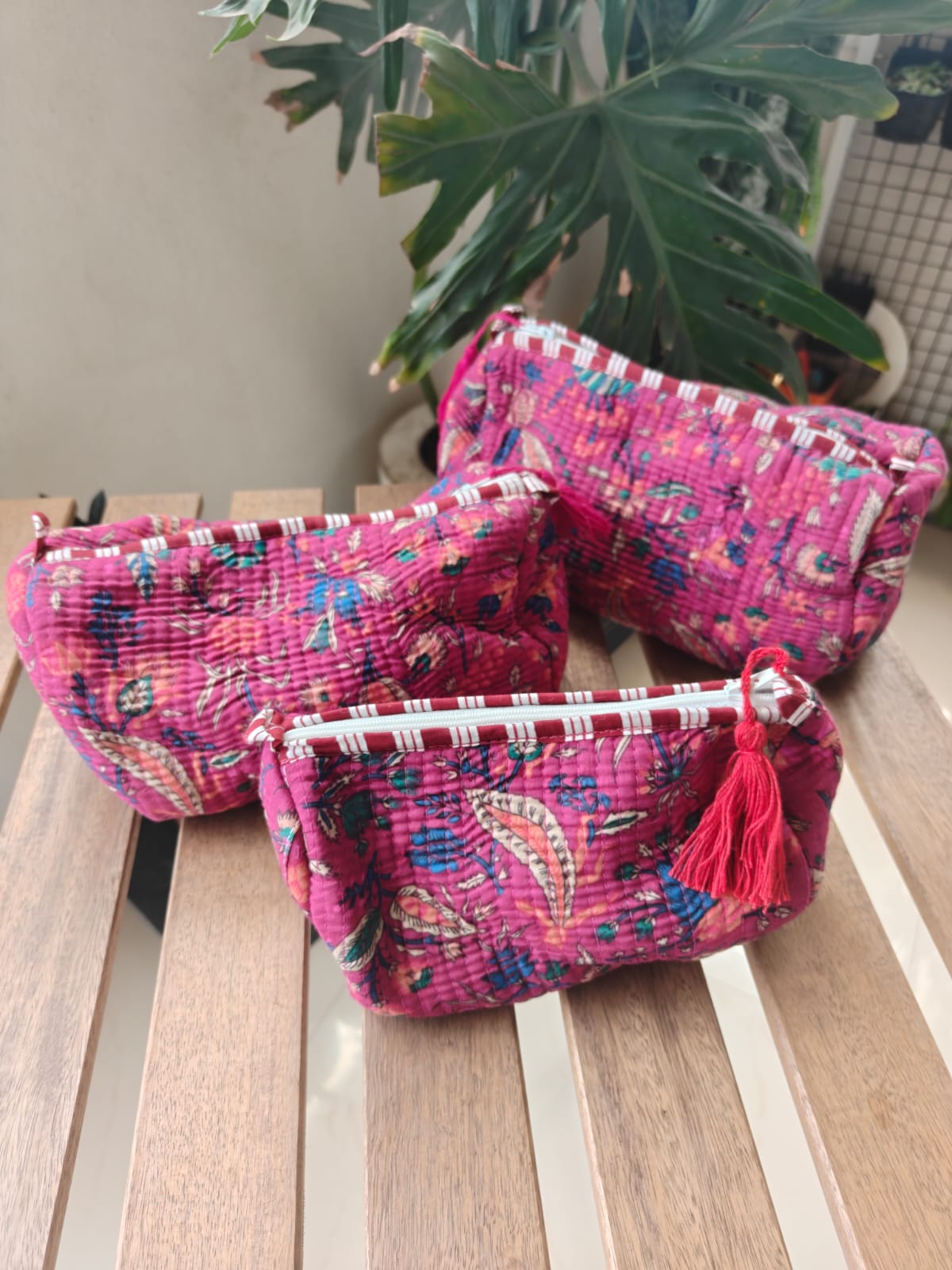 Wine Pink Hand Block Print Floral Toiletry Multiuse Cotton Pouches Set of 3 Make up bags
