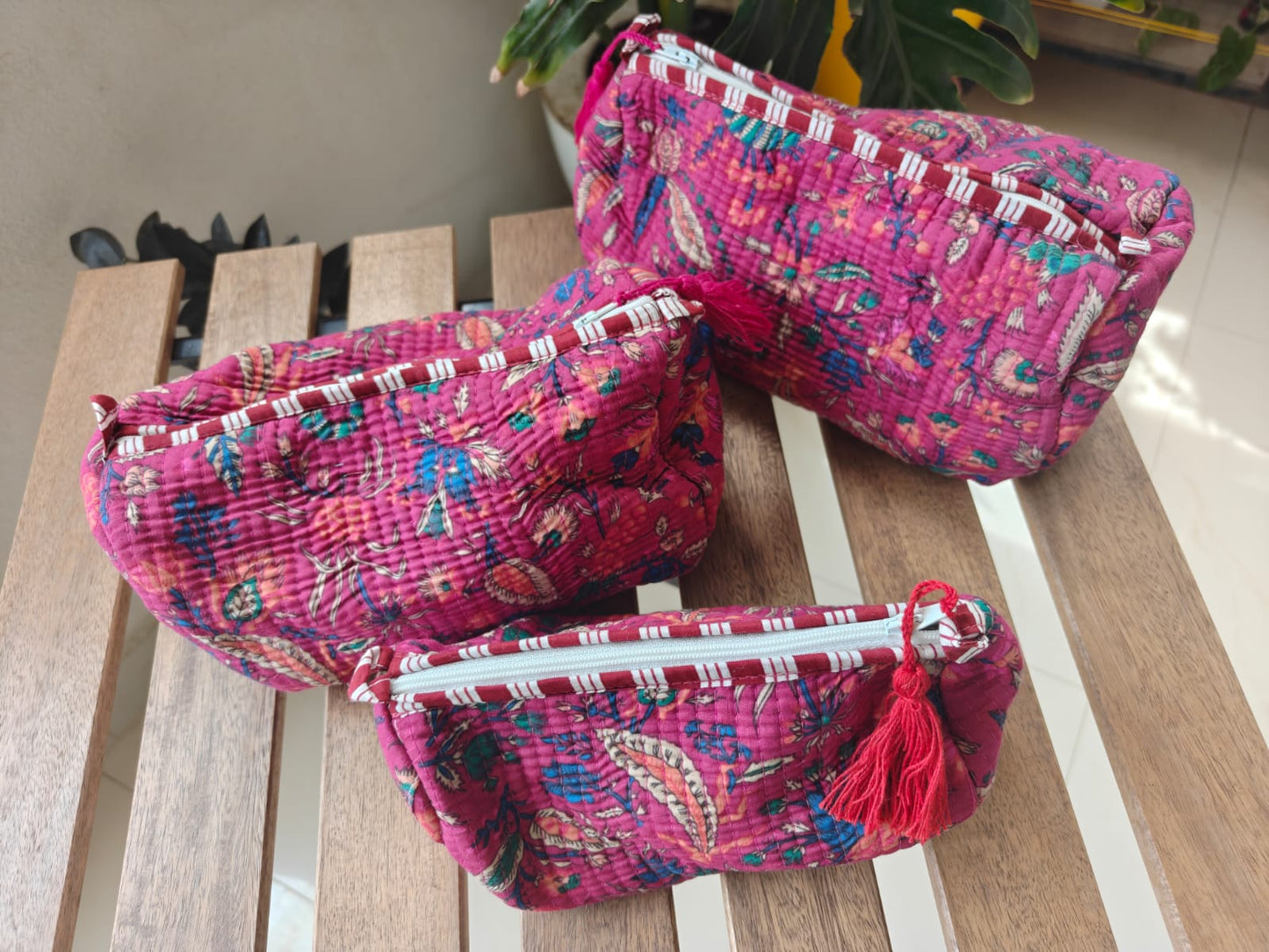 Wine Pink Hand Block Print Floral Toiletry Multiuse Cotton Pouches Set of 3 Make up bags