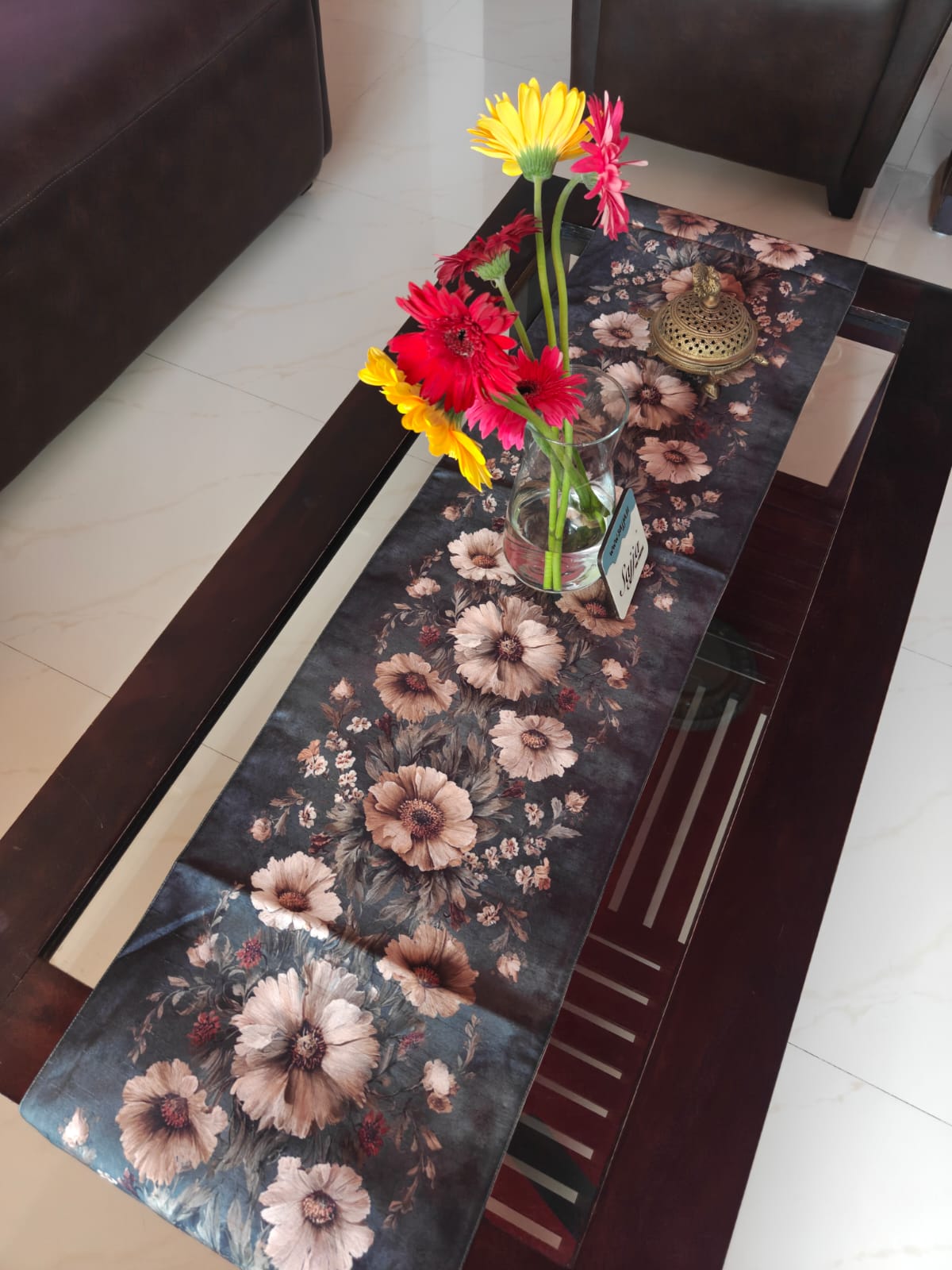 Sajja Sepia Vintage Floral Beige Gold Elegant Silk Table Runner (12 x 72 inches)