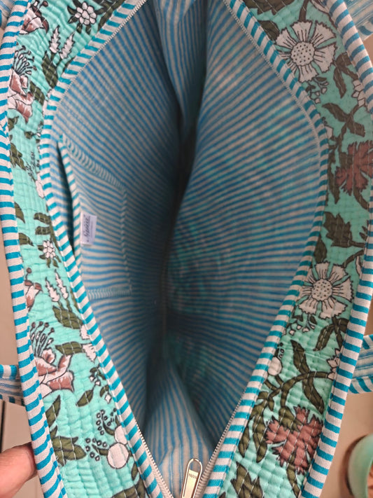Bright Floral Turquoise Hand block Printed Quilted Tote Bag  (Large With Zipper)