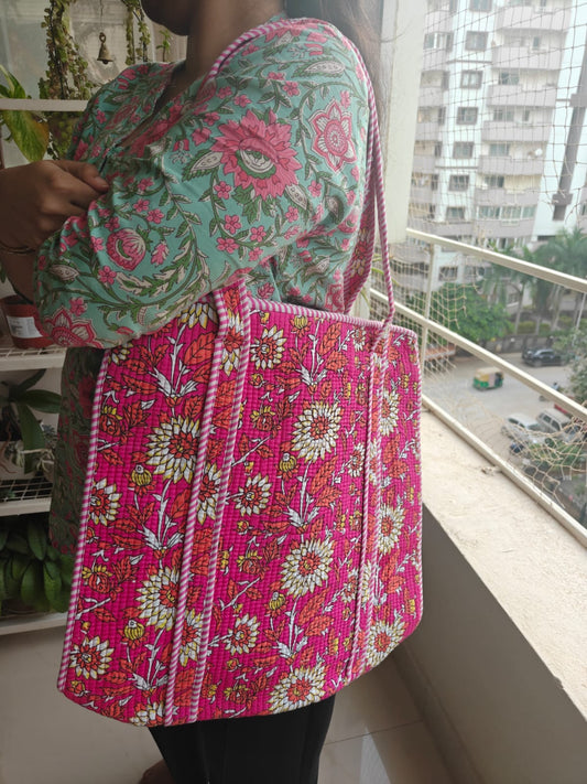 Boho Chic Handblock Quilted Printed Tote Bag Palm Tree Shopping Bag For Girl Women