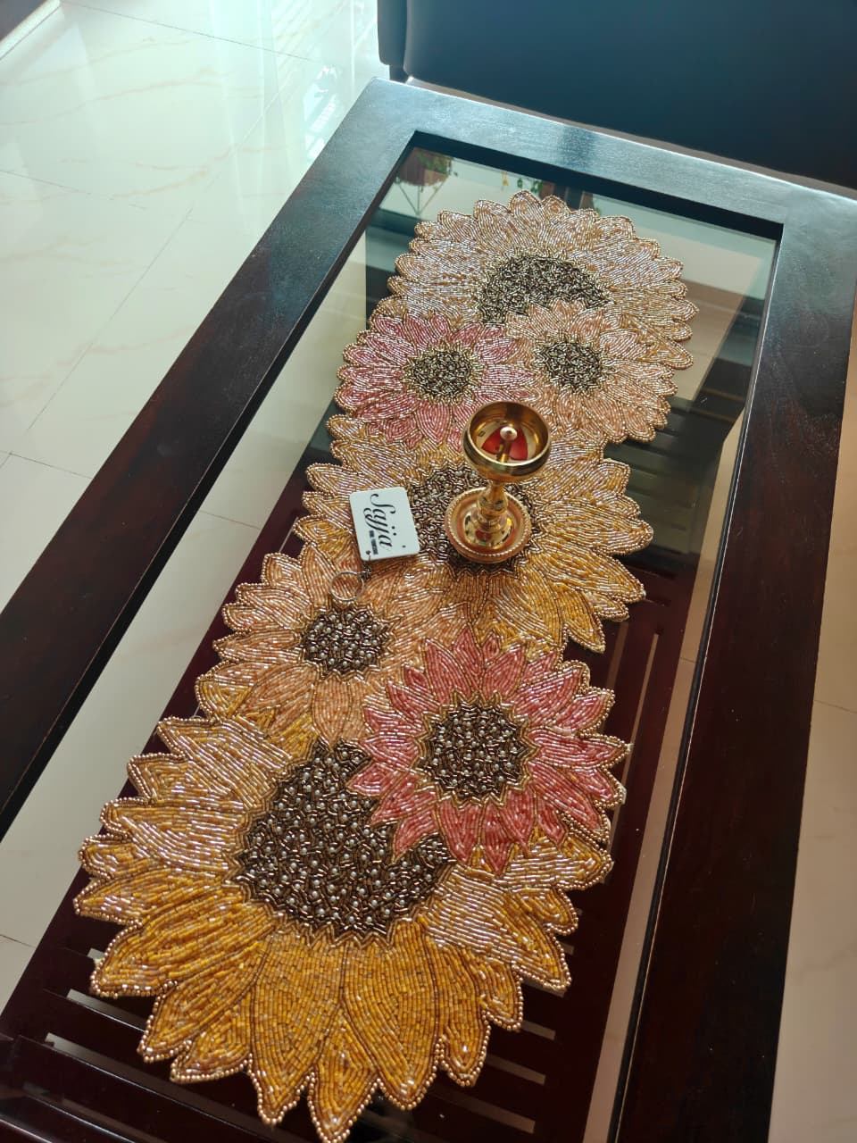 Scintillating Sunflower Handwoven Beads Table Runner