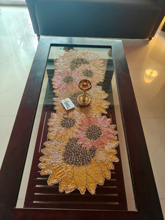 Scintillating Sunflower Handwoven Beads Table Runner