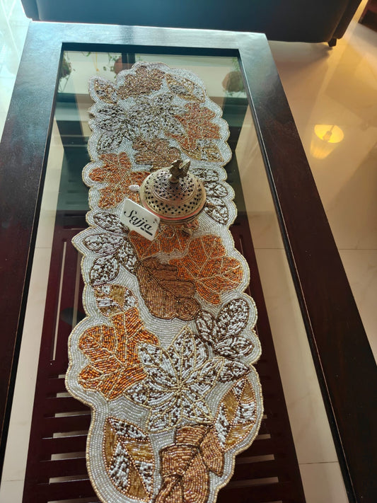 "Happiness Is In Colours"  Multicolor Leaves Beads Table Runner