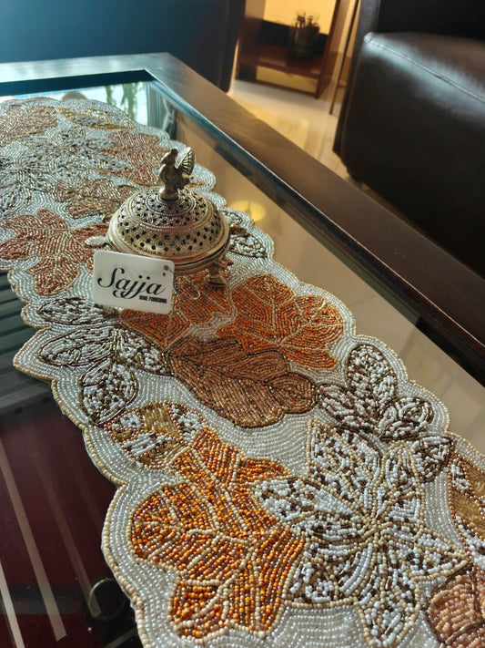 "Happiness Is In Colours"  Multicolor Leaves Beads Table Runner