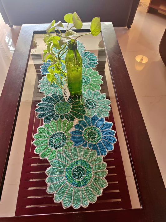 Trendy Teal  Handwoven Beaded Table Runner - Simplicity is the soul of modern elegance