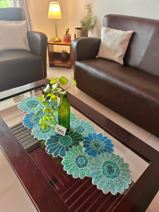Trendy Teal  Handwoven Beaded Table Runner - Simplicity is the soul of modern elegance