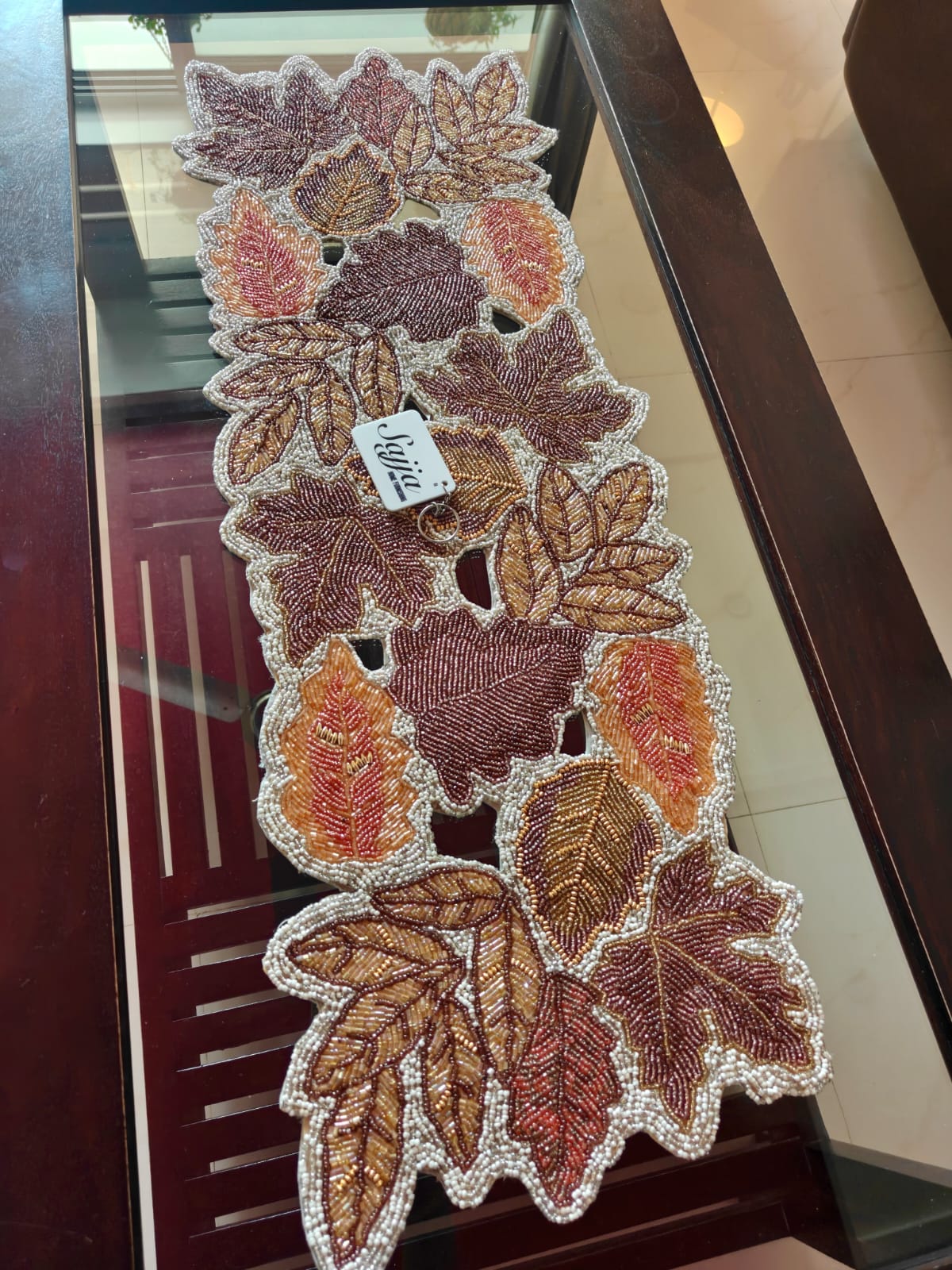 Cutwork French Bouquet Embroidered floral hued Beaded Table Runner