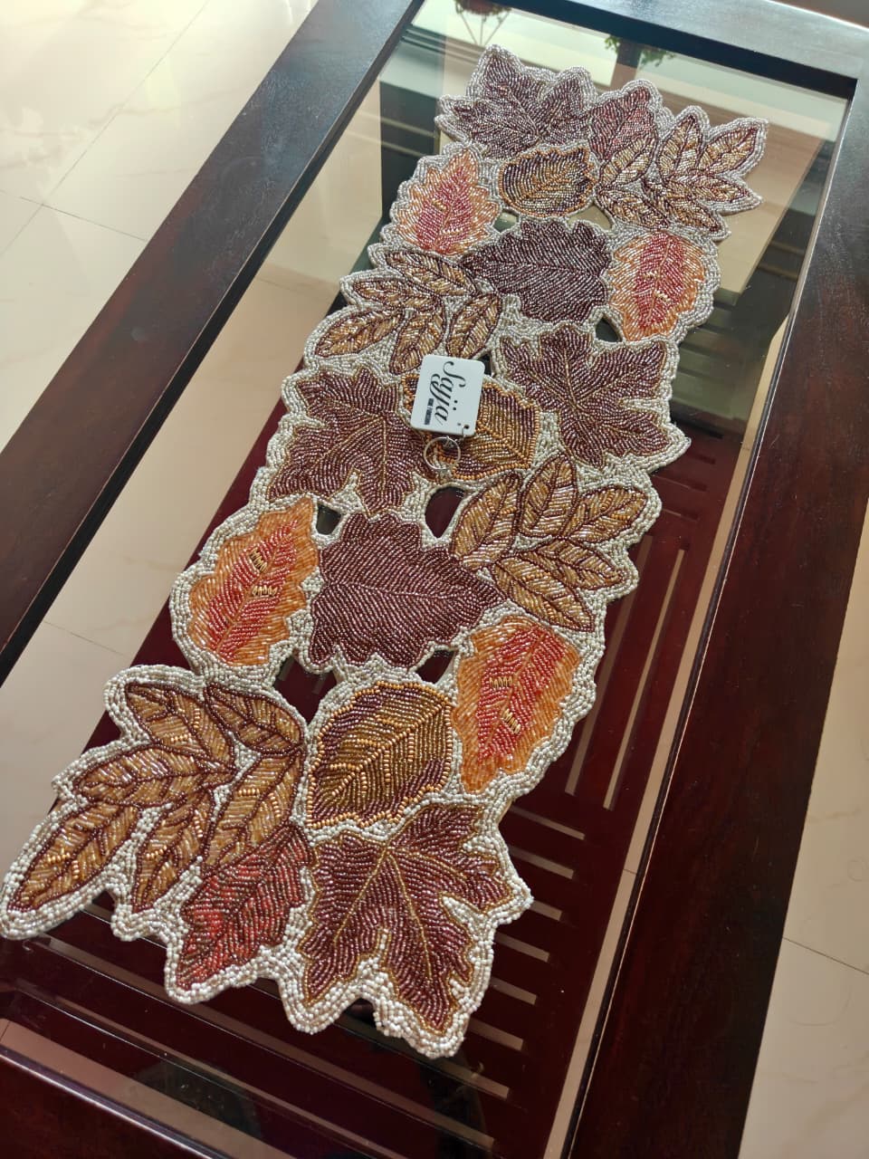 Cutwork French Bouquet Embroidered floral hued Beaded Table Runner