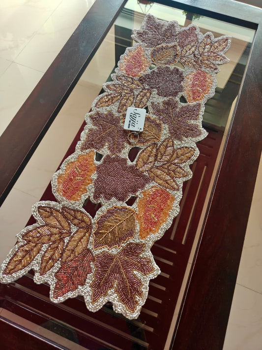 Cutwork French Bouquet Embroidered floral hued Beaded Table Runner