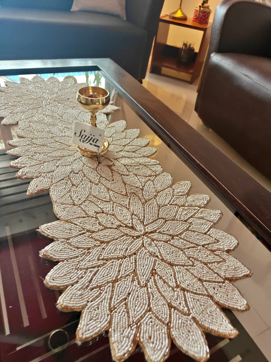 Designer White Gold Floral Handwork Beads Table Runner Home Décor