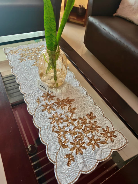 Victorian Gift of Life Stylish table runner Hand embroidered Table Runner Handcrafted Beads Silver Coffee TableRunner