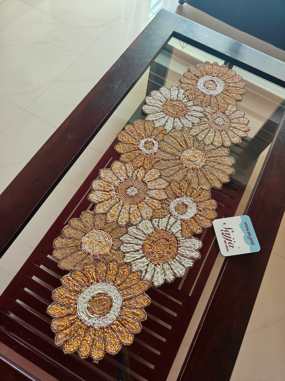 Sunflower Chrome Yellow Floral Handwork Beaded Table Runner Decor For Dining Table Centre table Console Coffee Table