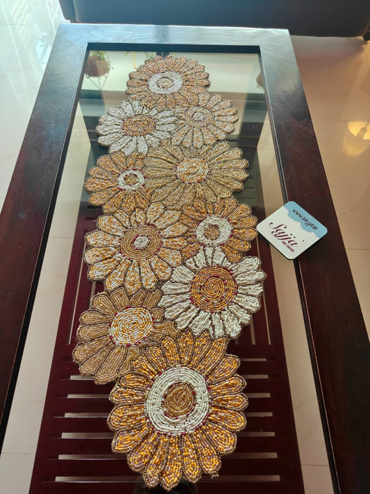 Sunflower Chrome Yellow Floral Handwork Beaded Table Runner Decor For Dining Table Centre table Console Coffee Table