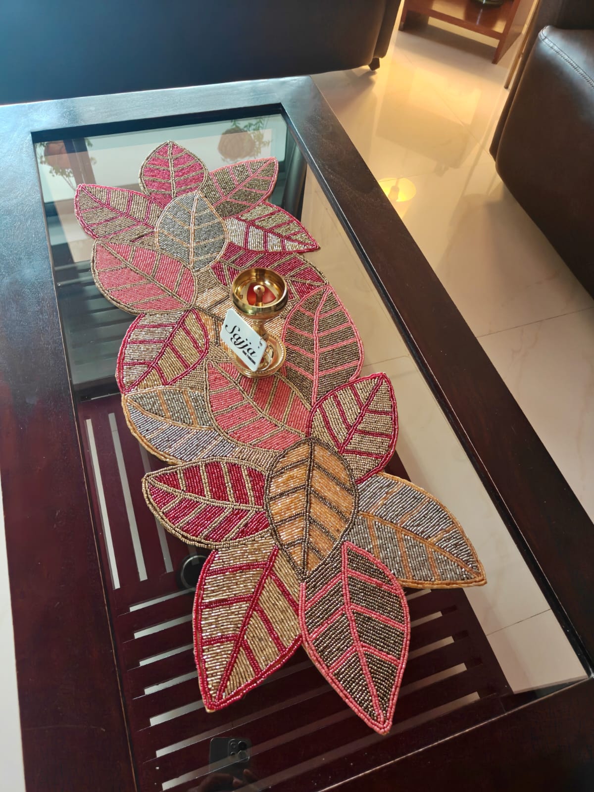 Buy Online Sajja Dancing leaves Multi Coloured Beaded Table Runner