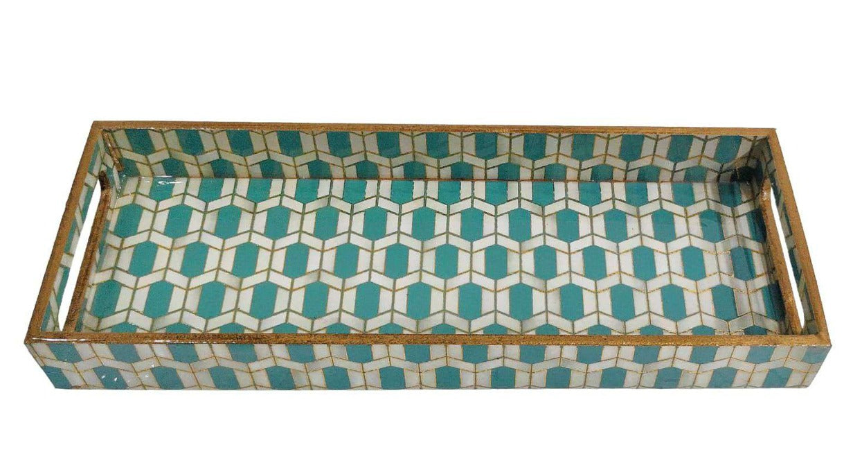Teal Turkish Mosaic Gold Decorative MDF Tray | Stylish Serving & Home Décor Tray 