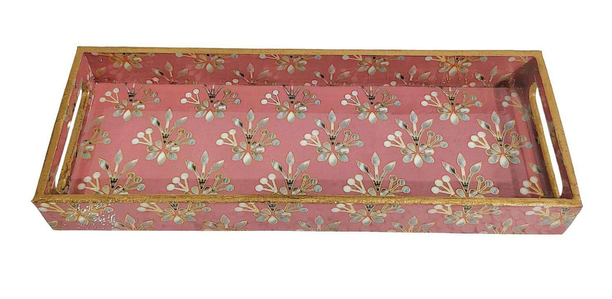Rose Gold Floral Marble Inlay Print Decorative MDF Tray | Stylish Serving & Home Décor Tray