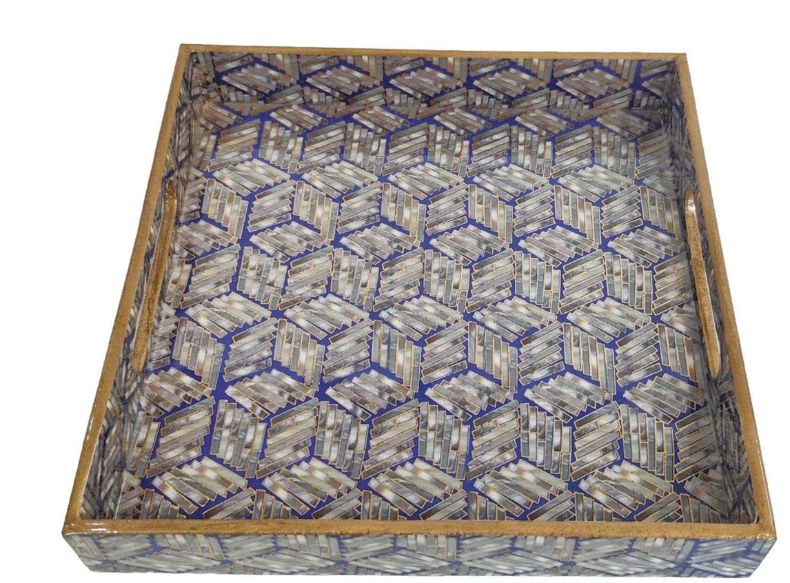 Royal Blue Marble Inlay Print Decorative Sqaure MDF Tray | Stylish Serving & Home Décor Tray