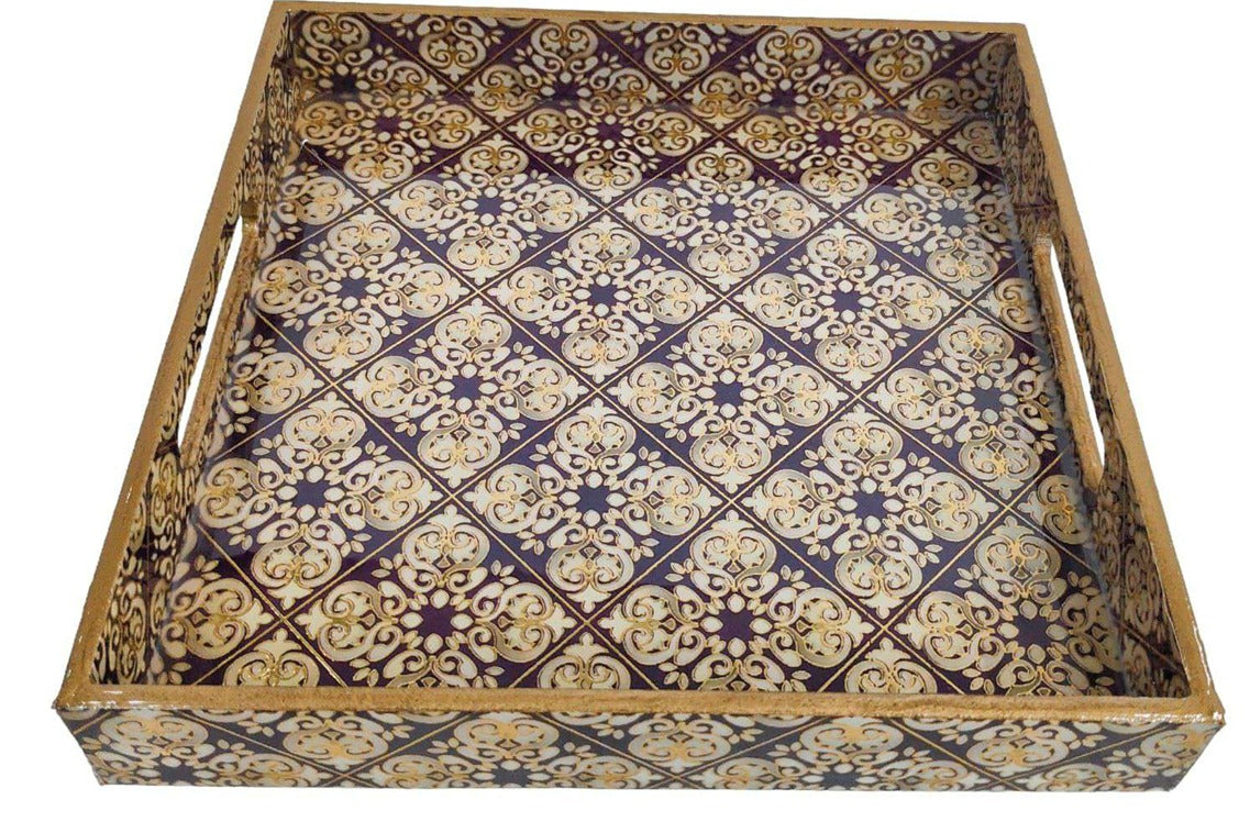 Violet Marble Inlay Print Decorative Sqaure MDF Tray | Stylish Serving & Home Décor Tray