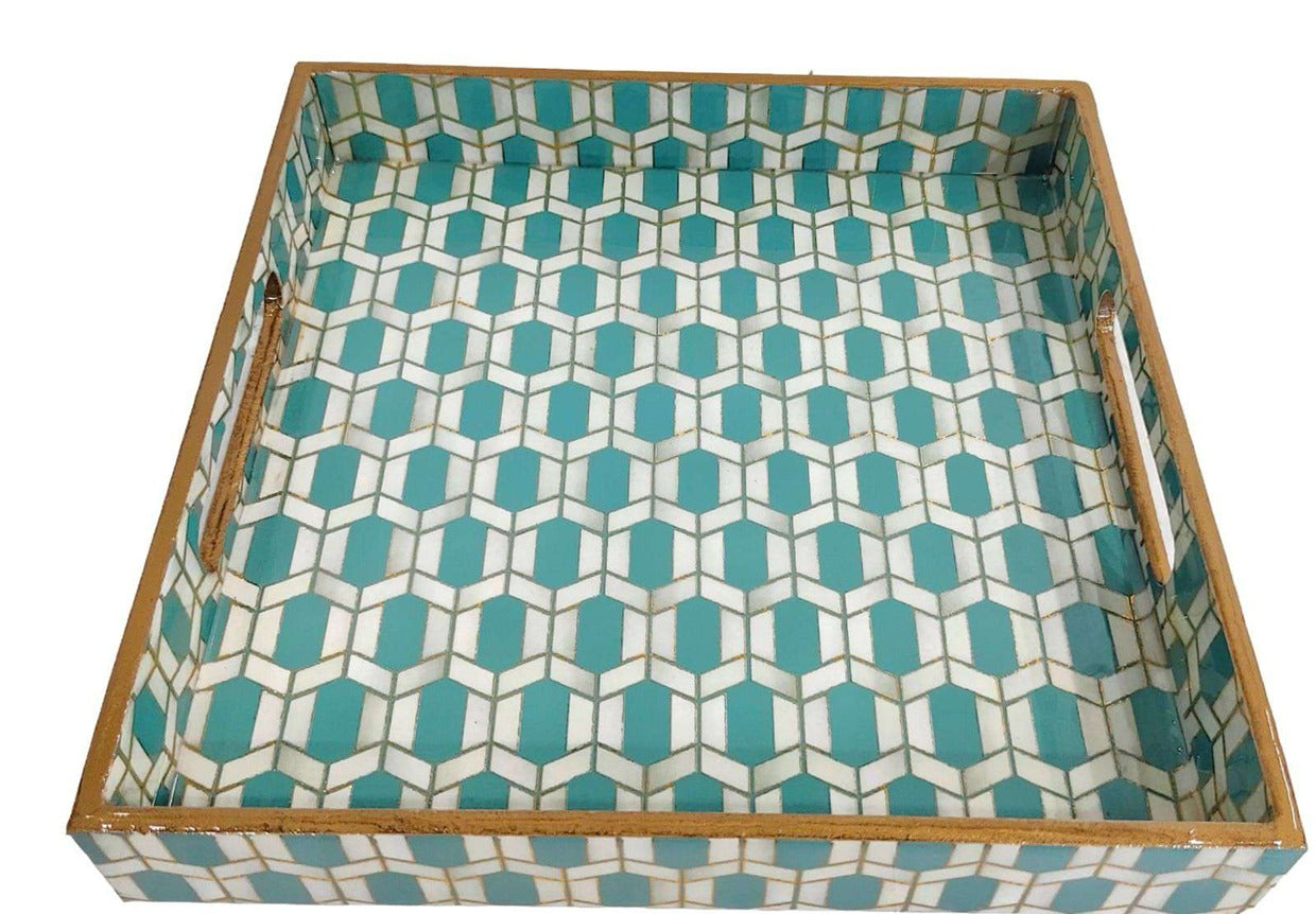 Turquoise Marble Inlay Print Decorative Sqaure MDF Tray | Stylish Serving & Home Décor Tray