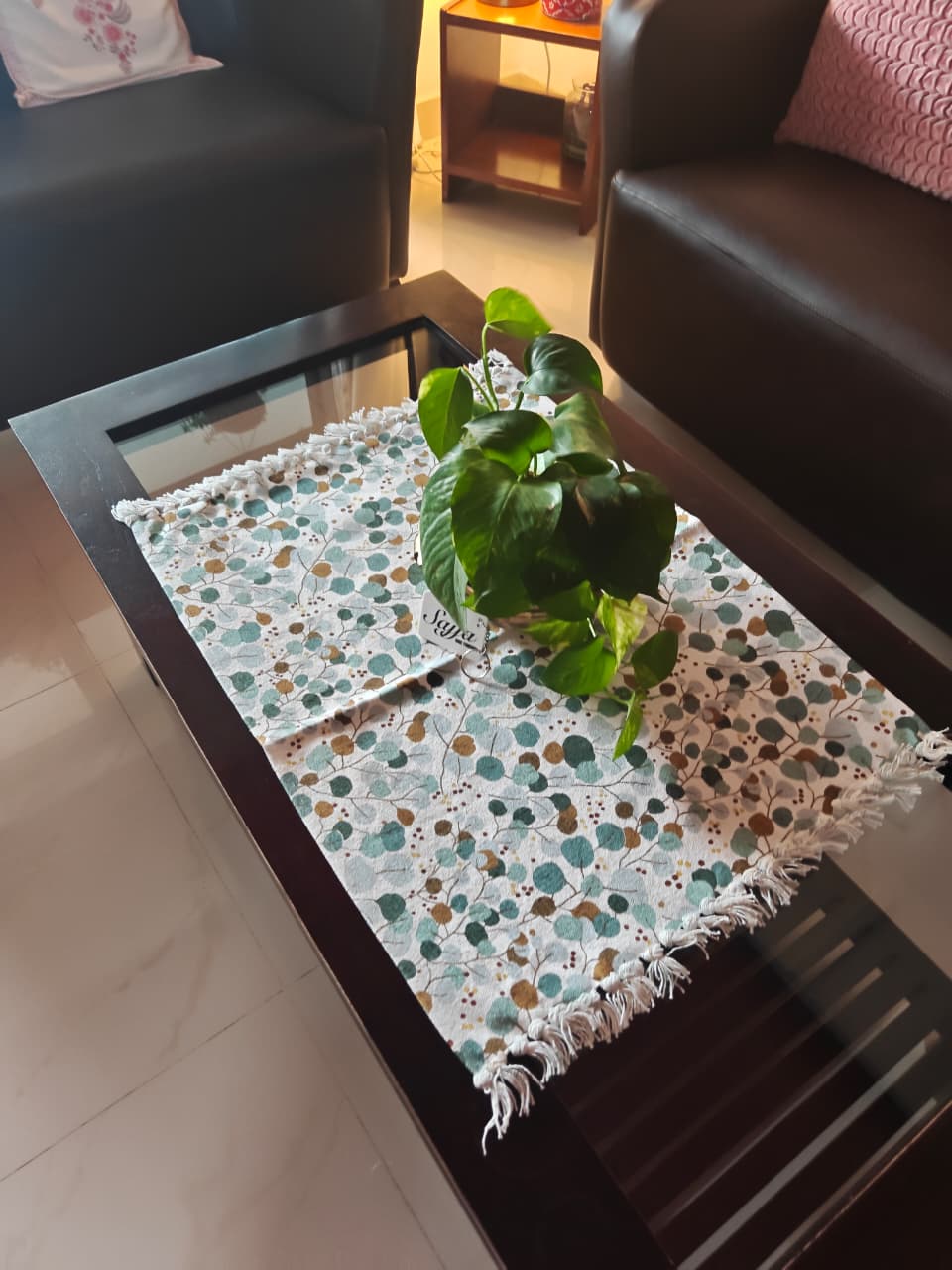 Leafy Dreamscape Teal Turquoise Table Mat Aasan Pure cotton with Tassels