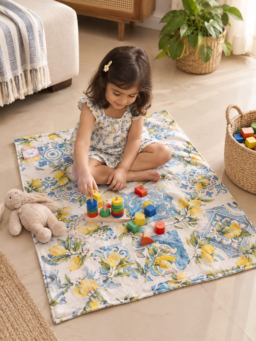 Buy Citrus Yellow Blue  Duck Cotton Floor Mat Rug | Use as Table Décor Mat | Reversible Striped Pattern