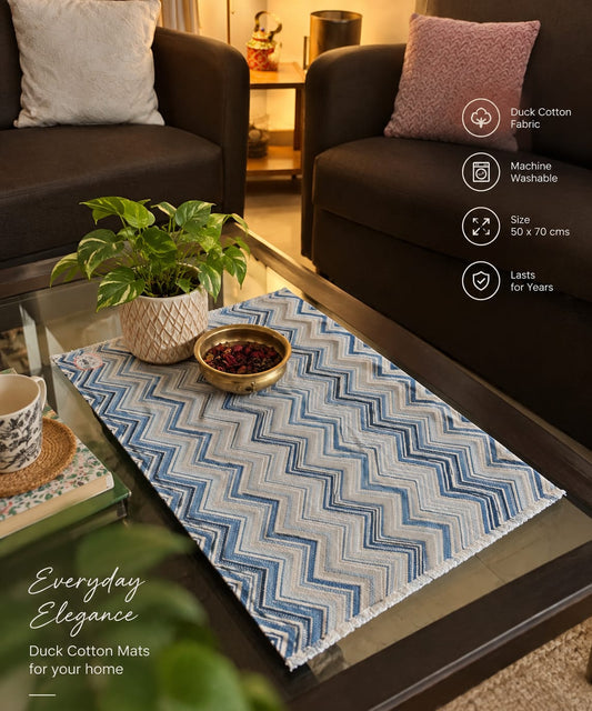 Buy Sajja Chevron Blue Duck Cotton Floor Mat Rug | Use as Table Décor Mat | Reversible Stripe Pattern
