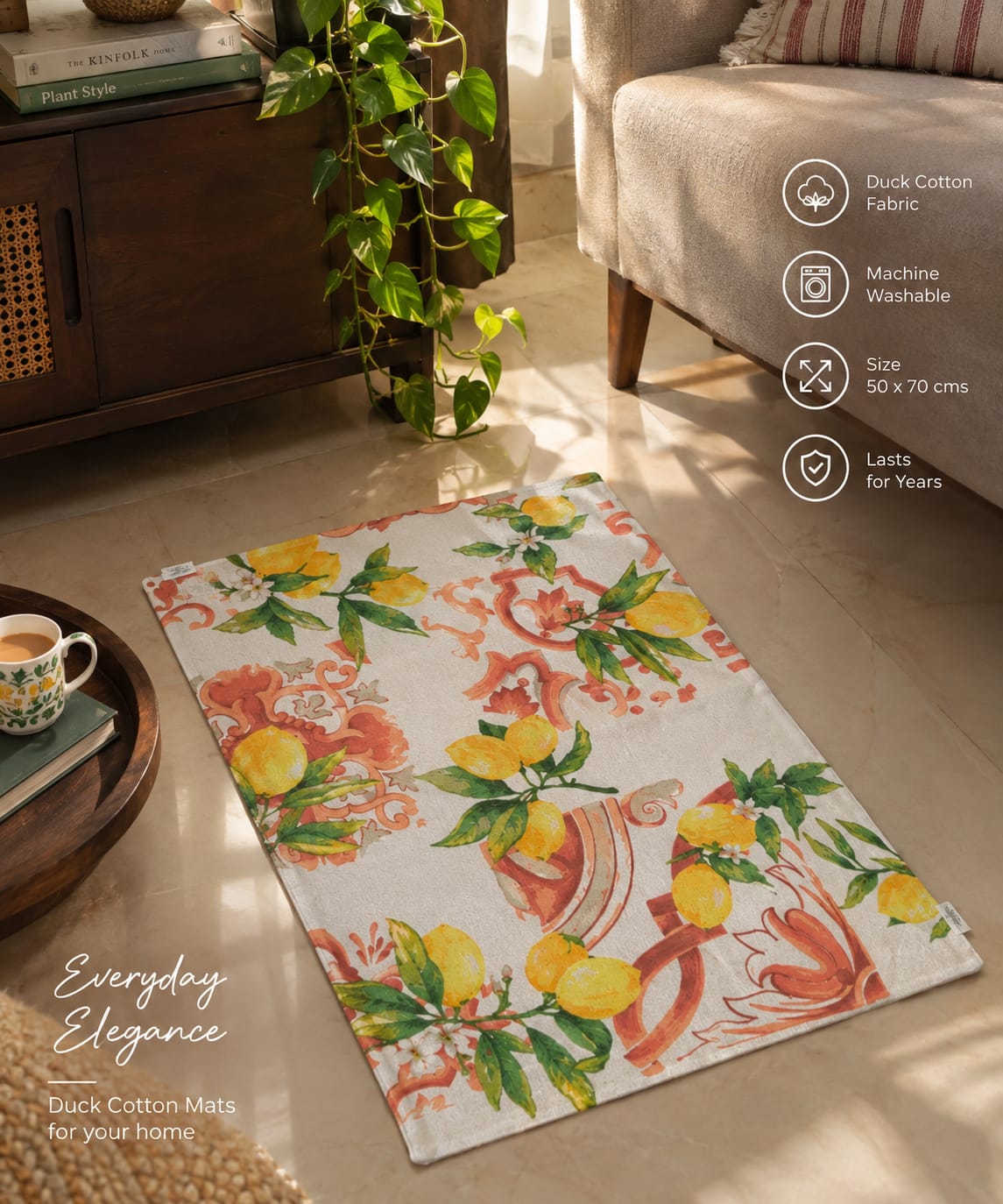 Buy Sajja Citrus Yellow Orange Duck Cotton Floor Mat Rug | Use as Table Décor Mat | Reversible Striped Pattern