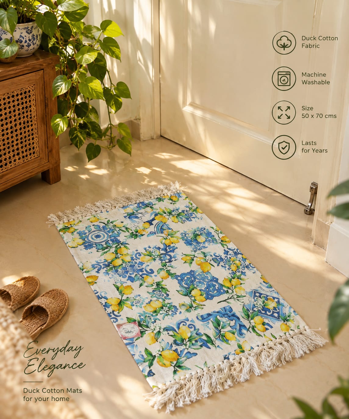 Buy Citrus Yellow Blue  Duck Cotton Floor Mat Rug | Use as Table Décor Mat With Tassels