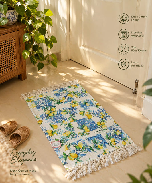 Buy Citrus Yellow Blue  Duck Cotton Floor Mat Rug | Use as Table Décor Mat With Tassels