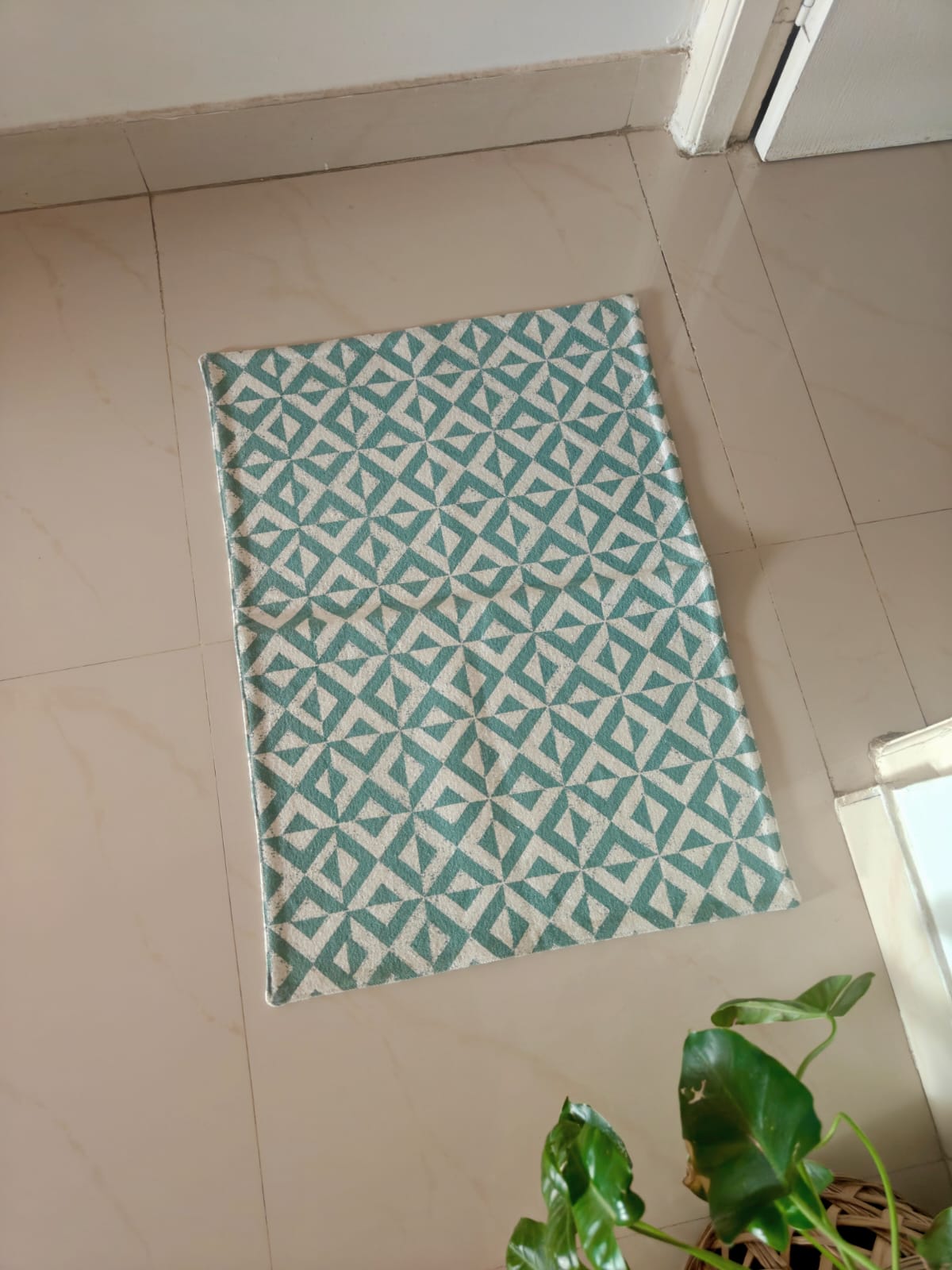 Buy Sajja Green Teal Geometric Mat, Two Cosy Settings Duck Cotton Floor Mat Rug | Use as Table Décor Mat | Reversible Geometrical Pattern