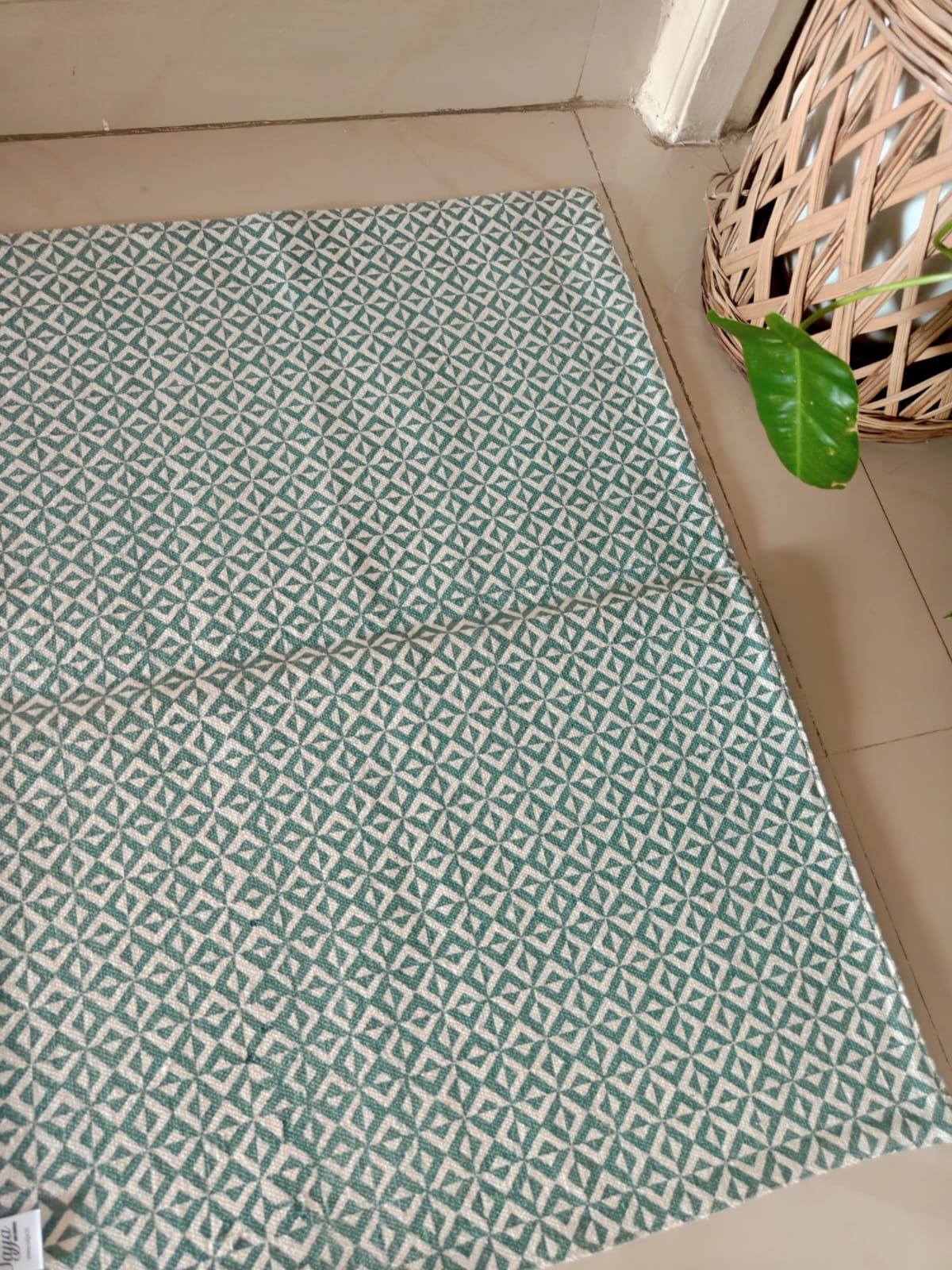 Buy Sajja Green Teal Geometric Mat, Two Cosy Settings Duck Cotton Floor Mat Rug | Use as Table Décor Mat | Reversible Geometrical Pattern