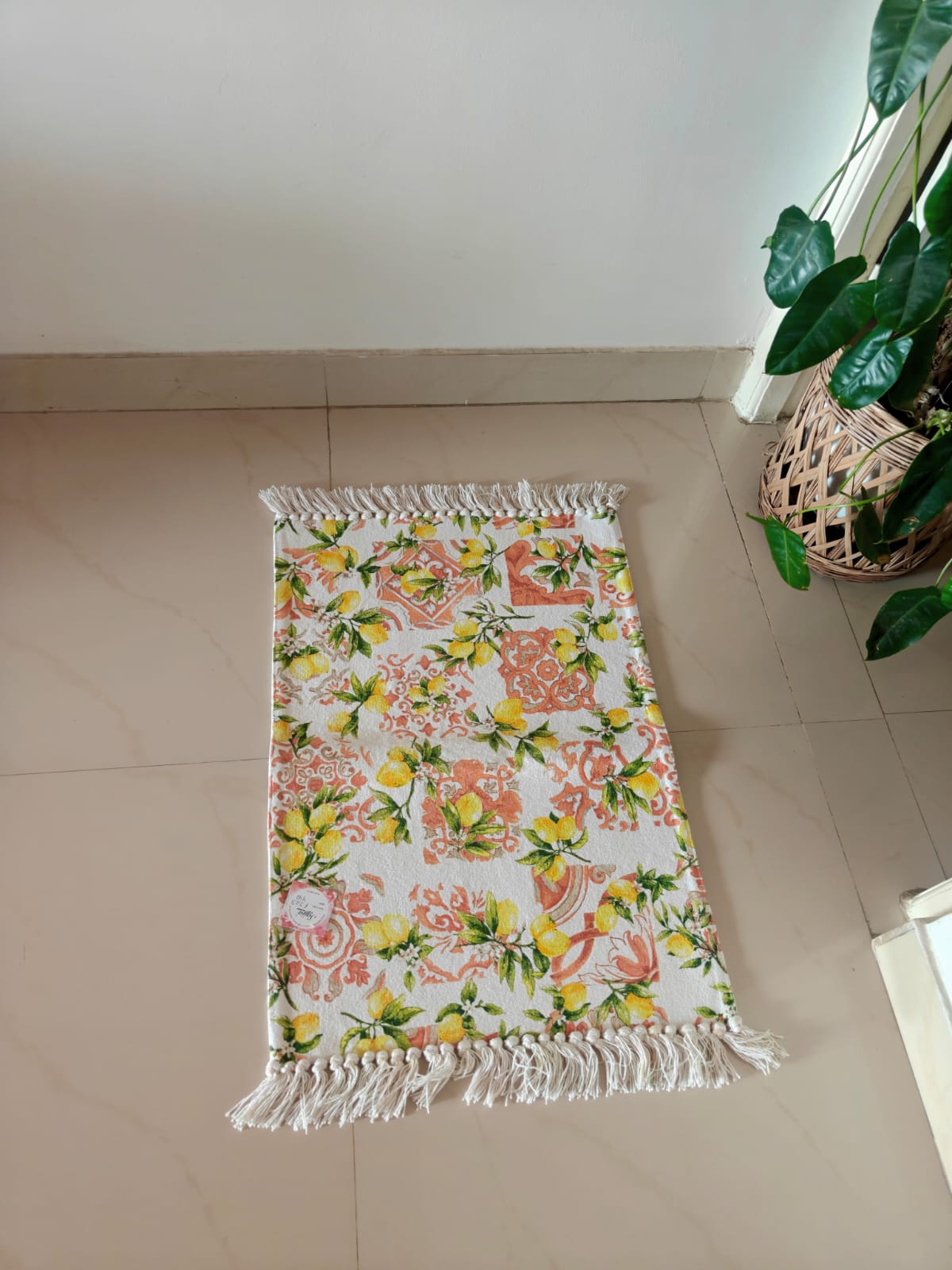 Buy Online Sajja Citrus Yellow Orange Duck Cotton Tasseled Floor Mat Rug 