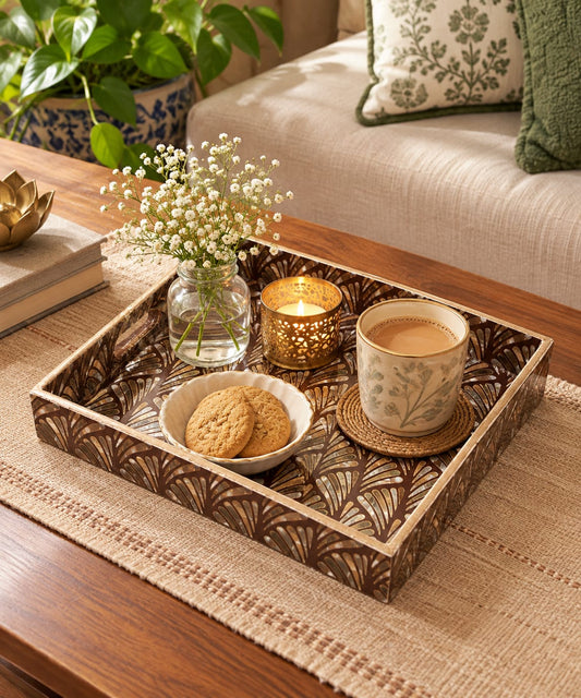 Brown Marble Inlay Print Decorative MDF Tray | Stylish Serving & Home Décor Tray