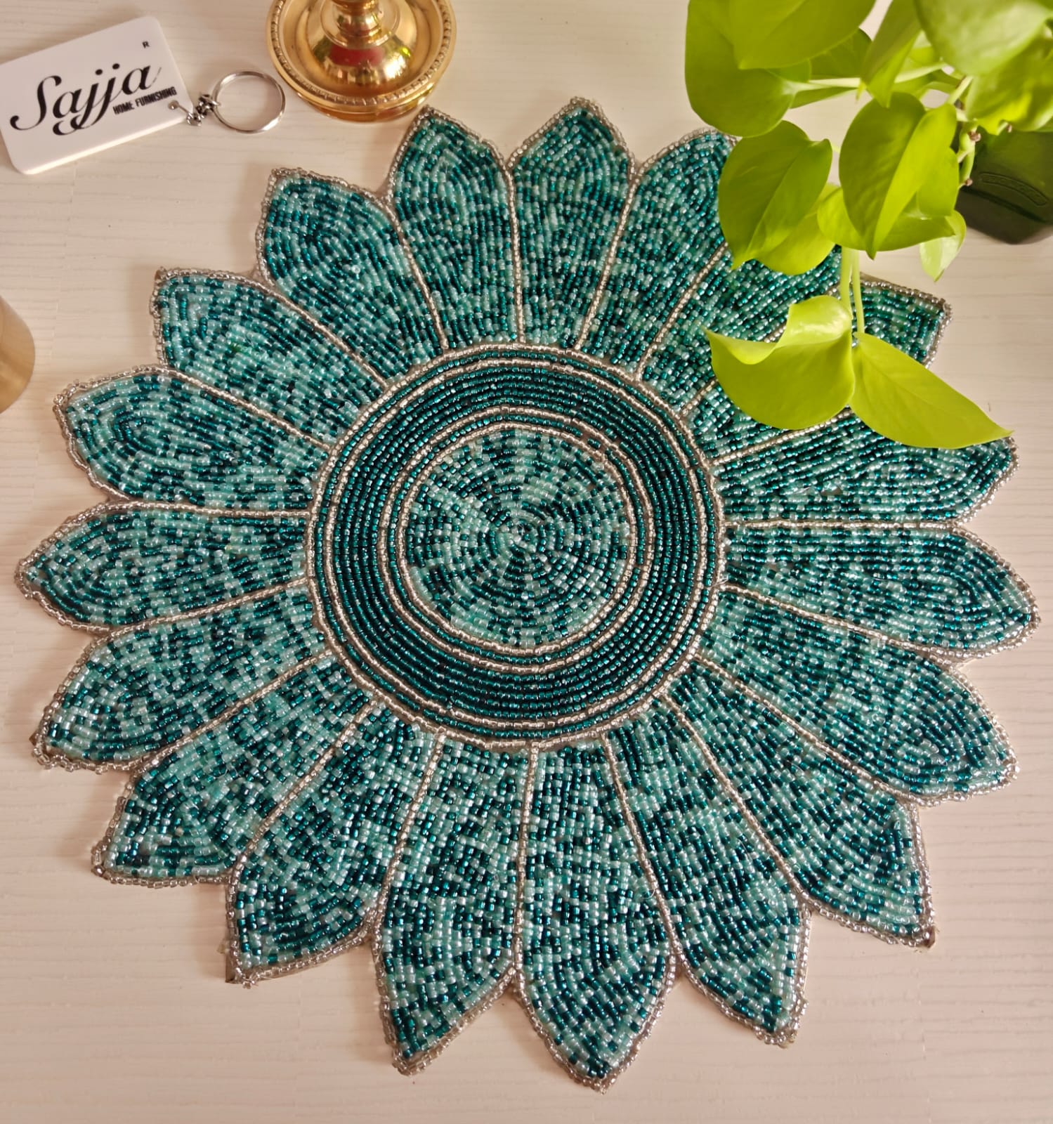 Handmade Teal hued Round Beaded Table Placemat For Home Décor