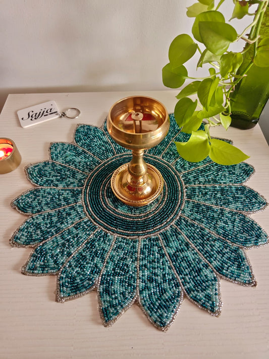Handmade Teal hued Round Beaded Table Placemat For Home Décor