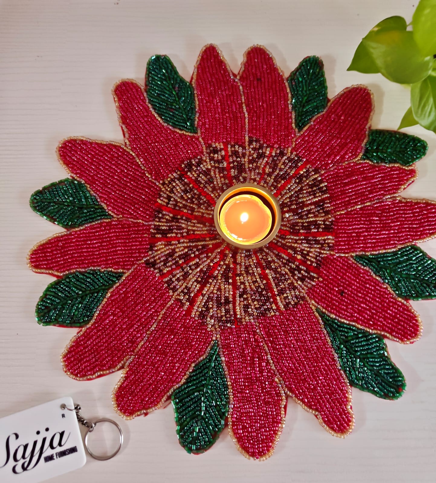 Radiant Poinsettia Royal Maroonish Red Placemat Floral Beads Tablemat