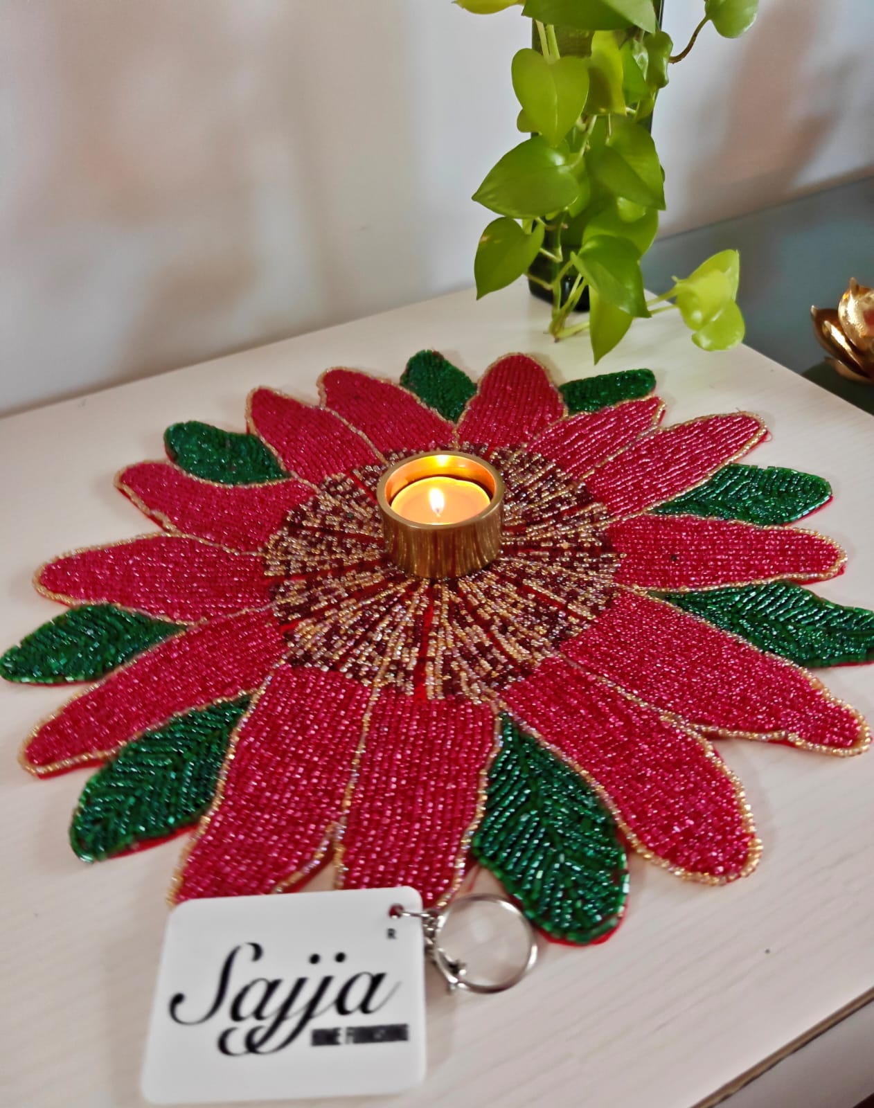 Radiant Poinsettia Royal Maroonish Red Placemat Floral Beads Tablemat