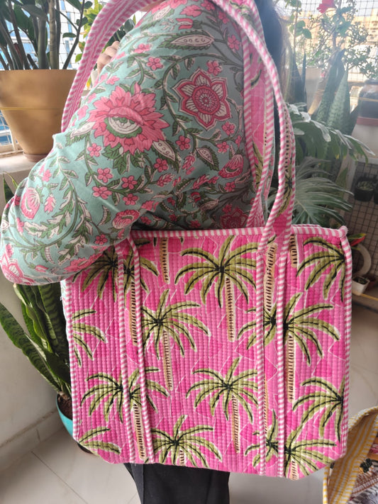 Stylish Floral PinkHand Block Printed Quilted Lunch Bag -Girl Women kids