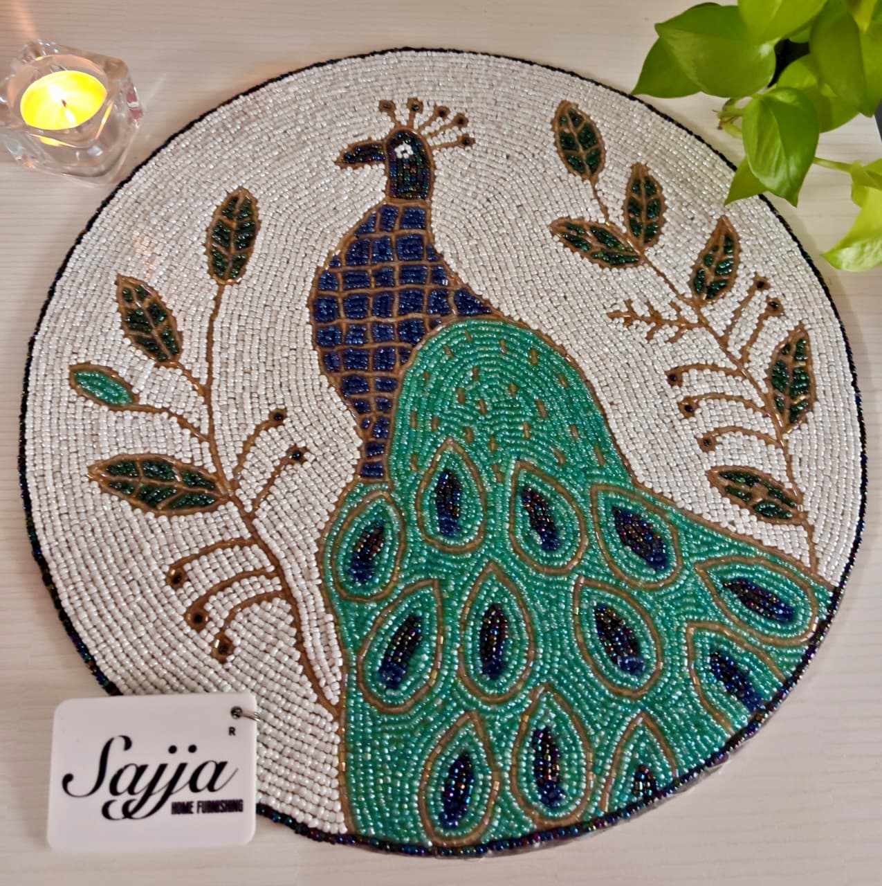 Beaded Peacock Round Table Mat | Decorative Table Mat by Sajja