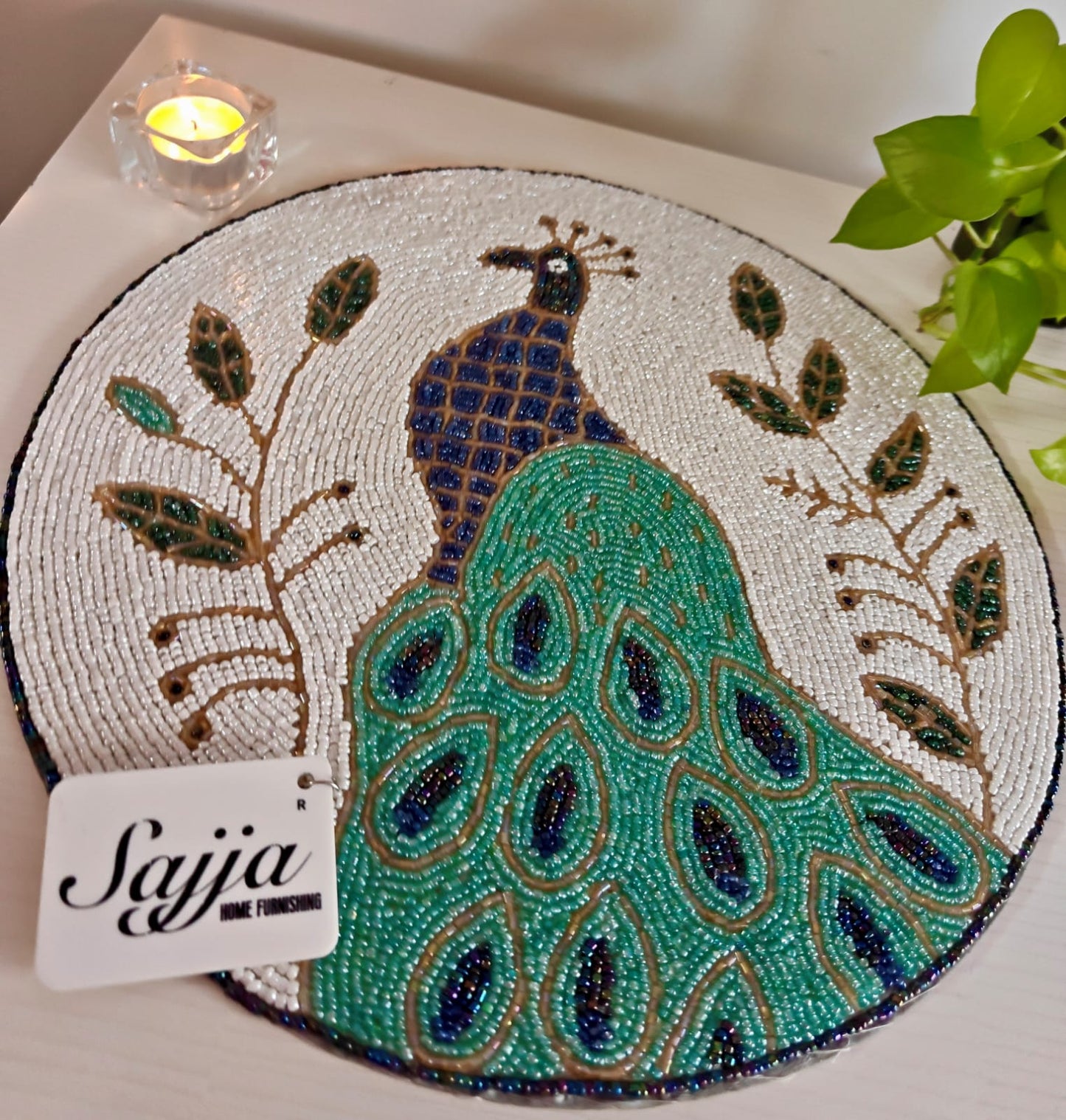 Beaded Peacock Round Table Mat | Decorative Table Mat by Sajja
