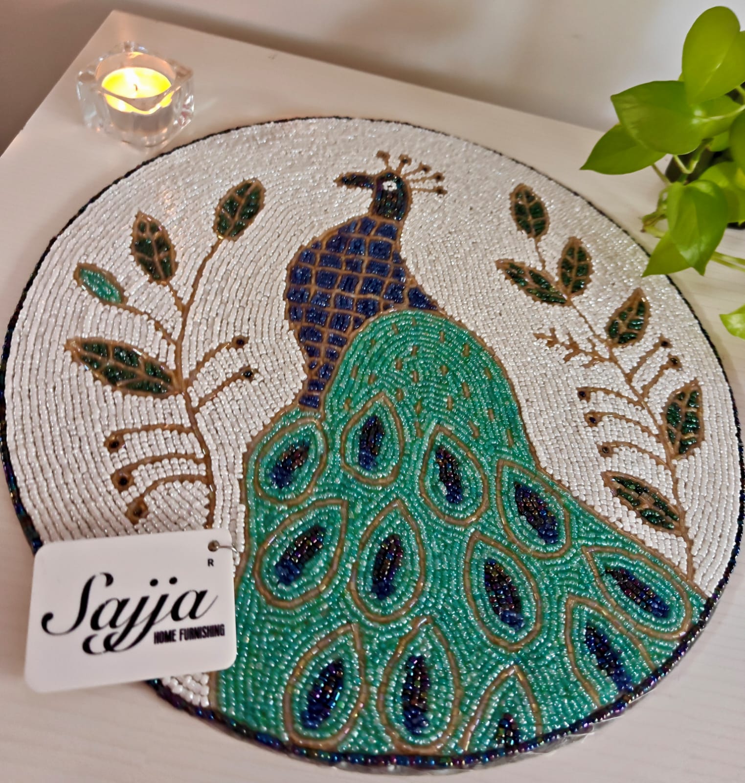 Beaded Peacock Round Table Mat | Decorative Table Mat by Sajja