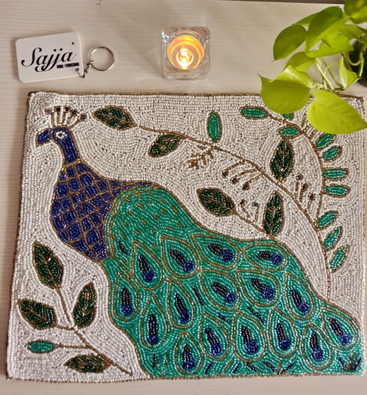Picturesque Peacock Jewel Royal Blue White Beaded Table Mat