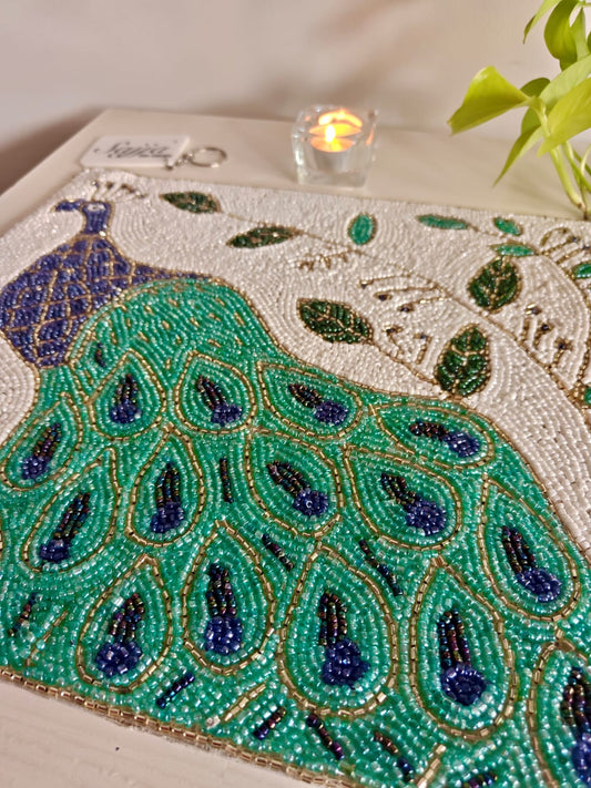 Picturesque Peacock Jewel Royal Blue White Beaded Table Mat