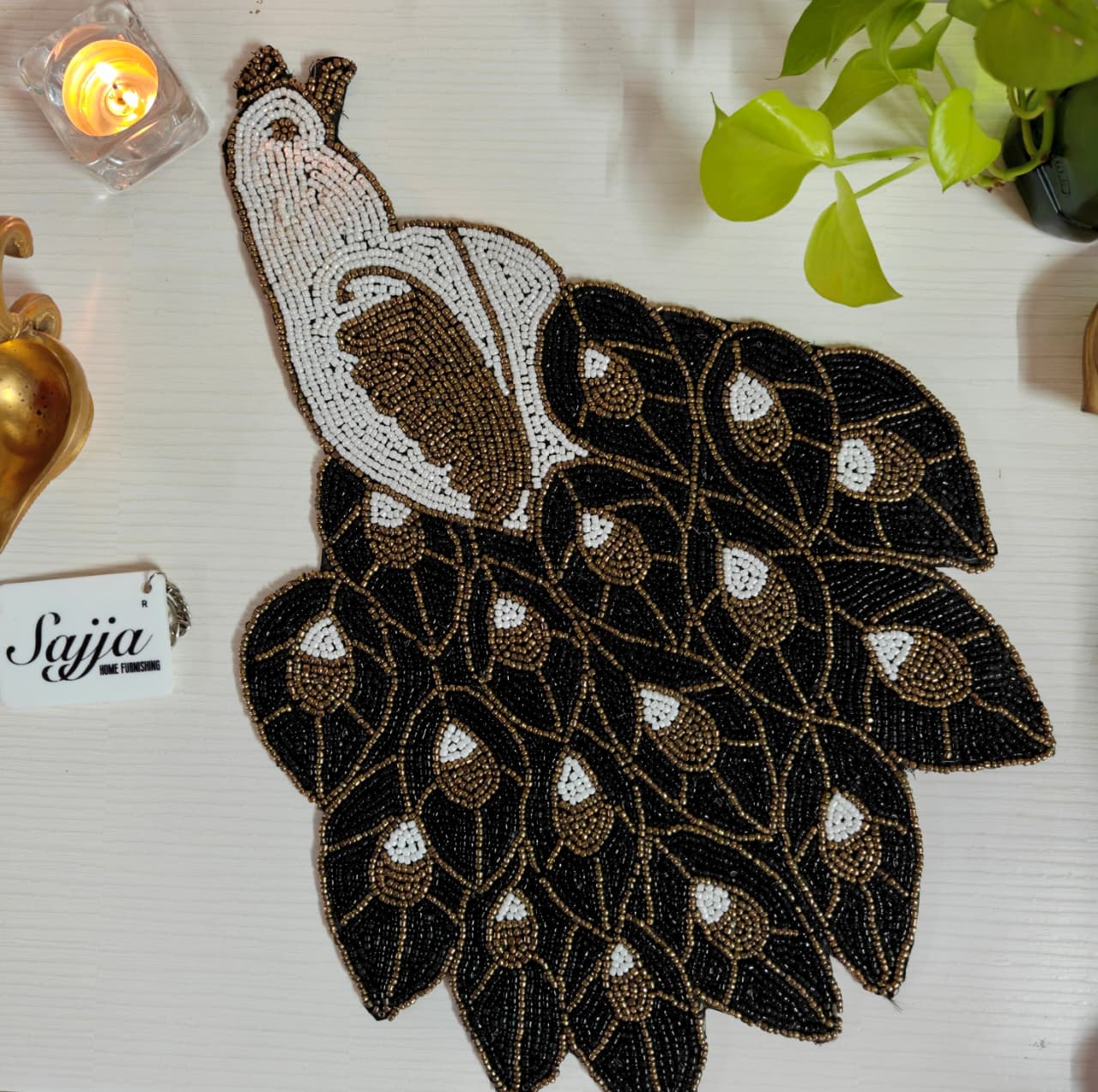 Antique Beaded Handmade Peacock Beads Table Mat
